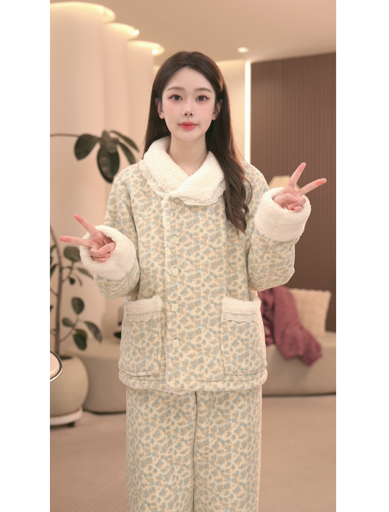 DM【加厚碎花翻领】高定设计款冬款加厚家居服套装女士