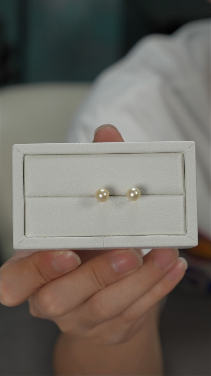 银S925镶嵌耳钉海水珍珠AK羽皇金素钉7-7.5mm