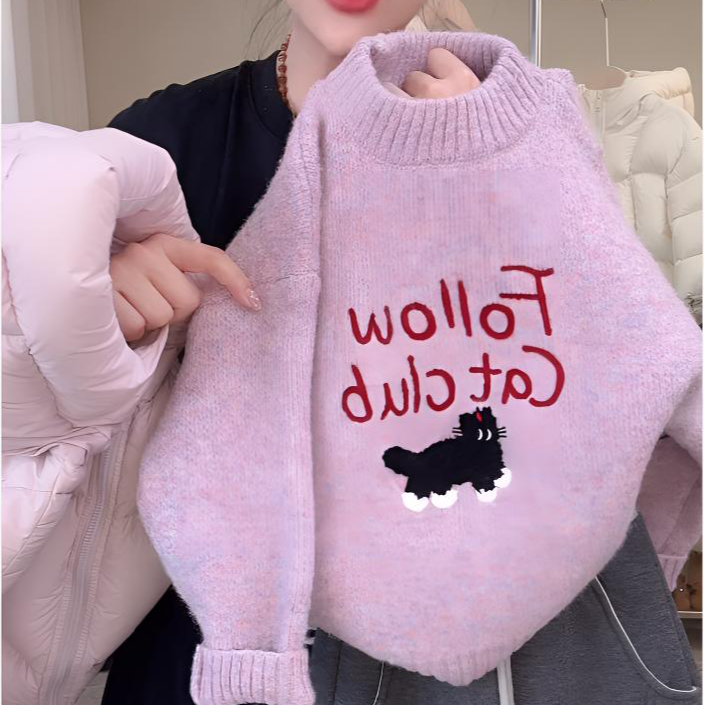 儿童毛衣女童秋冬针织衫童装毛衣雾霾紫秋冬套头卡通圆领