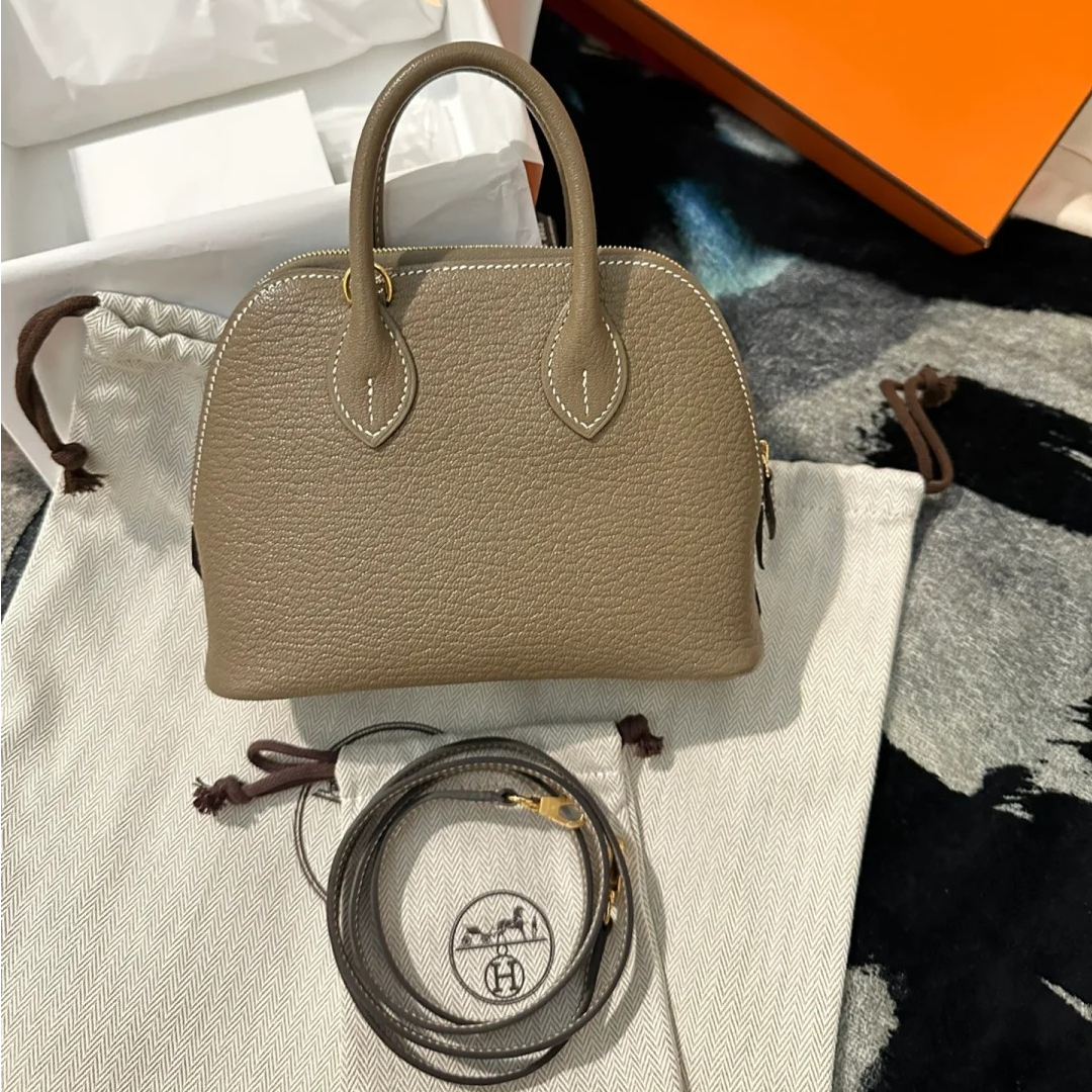 99新 Hermes/爱马仕 小花Jerry保龄球 Mini 19 大象灰U刻 金扣 