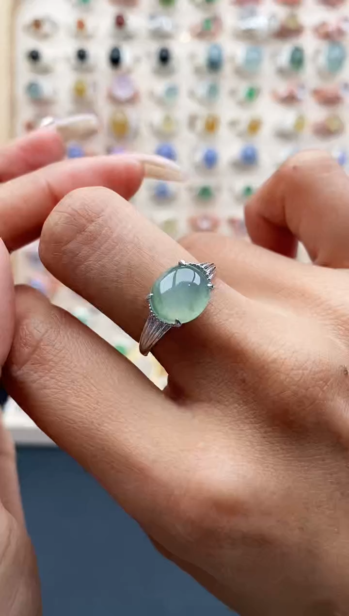 【闪购商品】翡翠戒指银S925镶嵌缅甸天然A货翡翠222  7+6