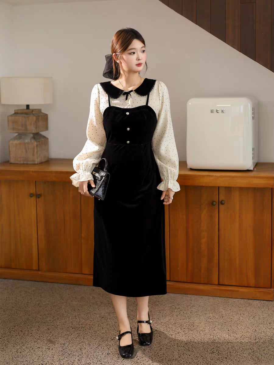 【佳佳定制】大码胖MM女装冬季温柔假两件收腰波点连衣裙6037