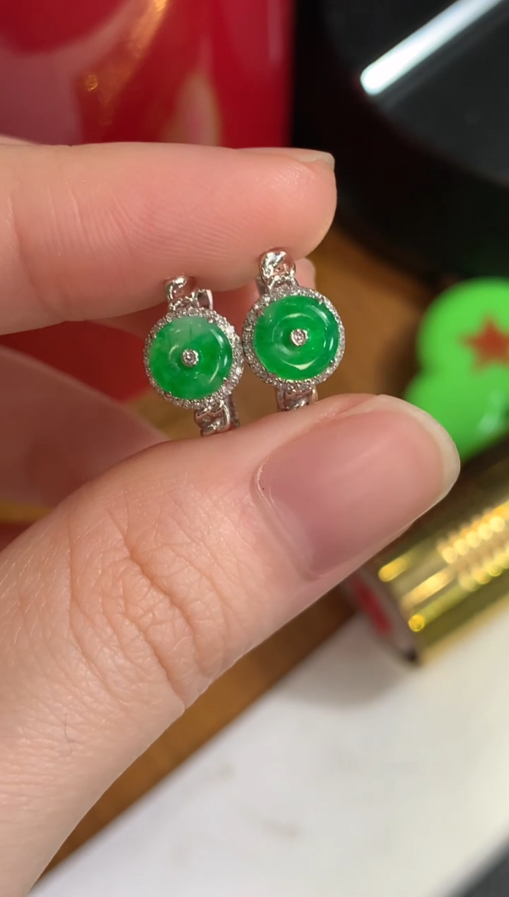 【闪购商品】翡翠耳饰18K金镶嵌绿平安扣耳包