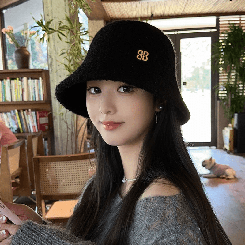 羊羔绒渔夫帽女秋冬季韩版保暖显脸小盆帽大头围时尚毛绒帽子