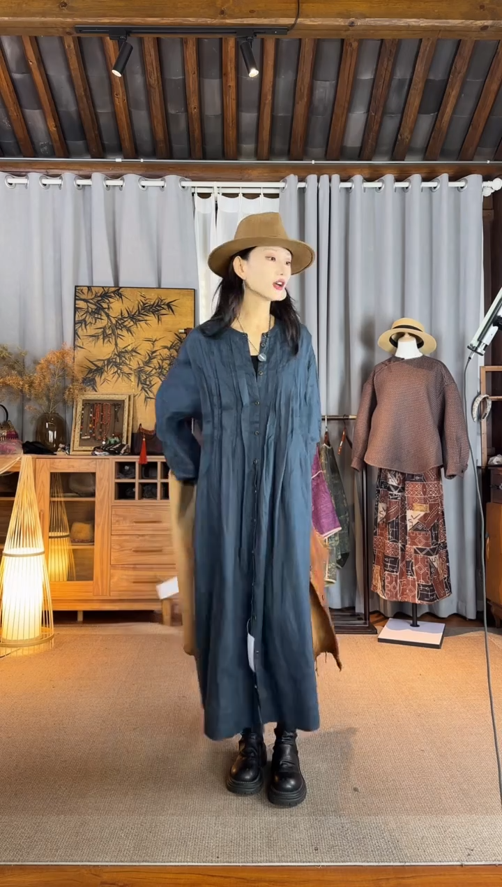 兜****?设计师款蓝绿亚麻风衣裙