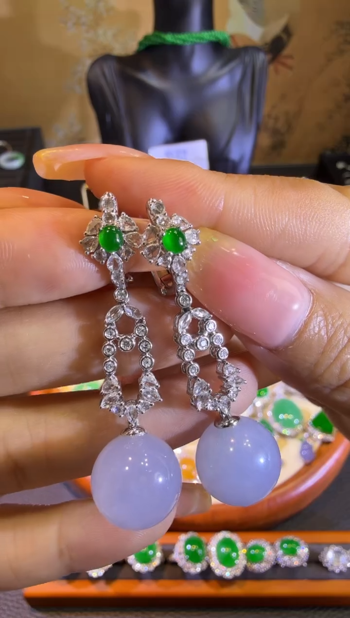 【闪购商品】翡翠耳饰18K金镶嵌高冰紫罗兰珠子耳坠