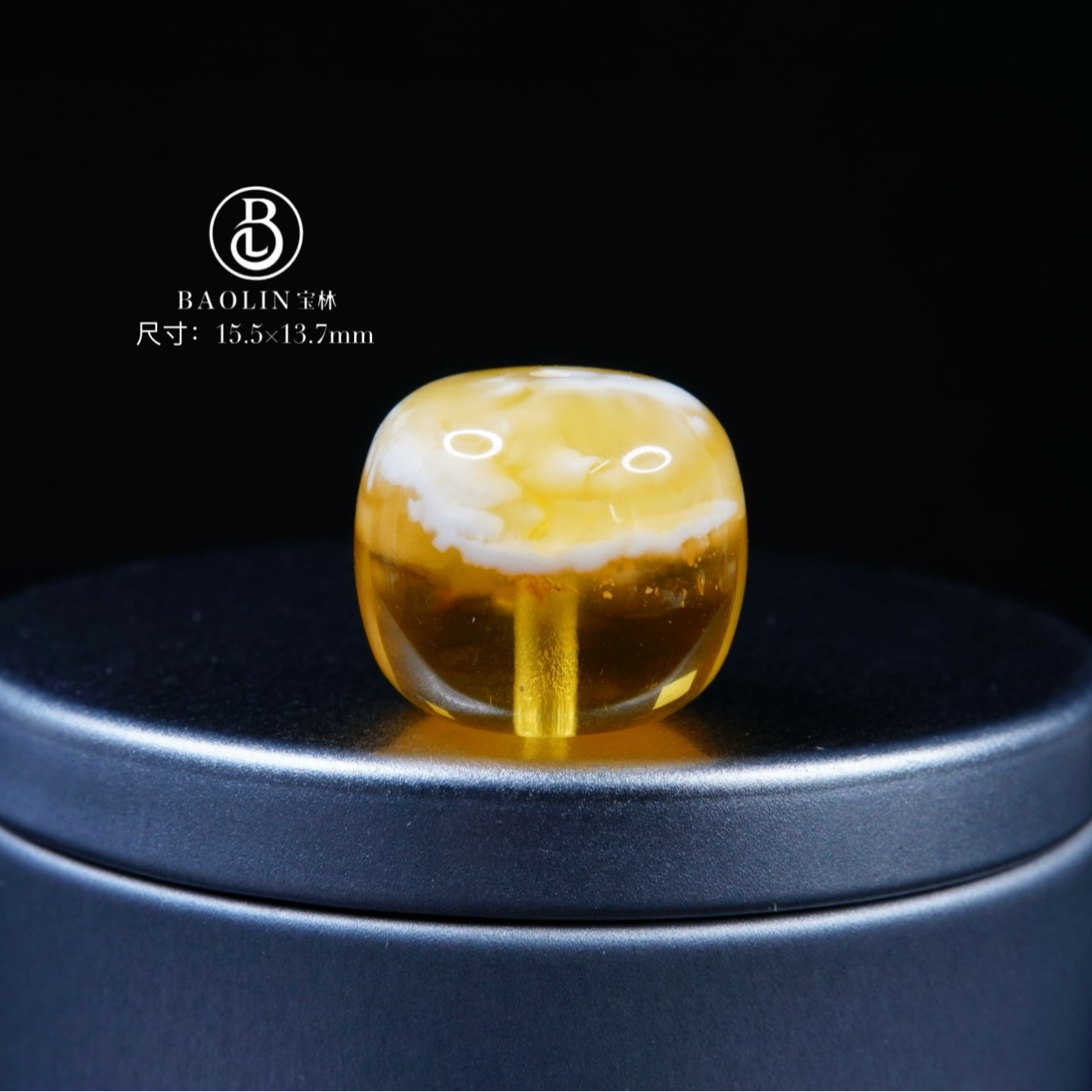 15.5mm聚宝盆金瓷白溶洞老型单珠F1  天然琥珀蜜蜡配饰，有小冰花 