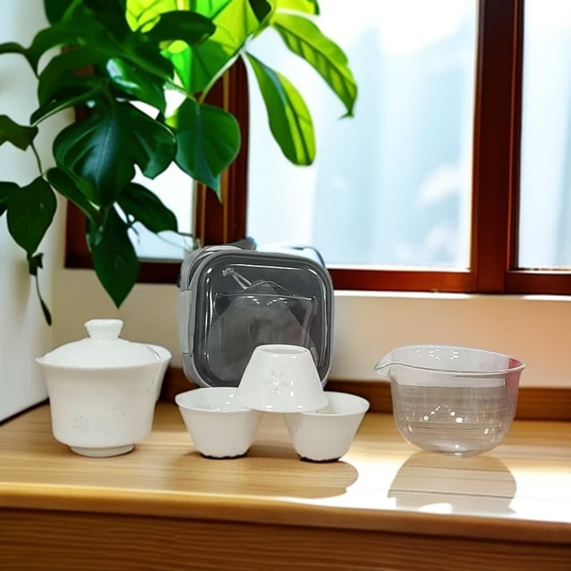 【沉鱼】玲珑瓷盖碗加三杯陶瓷羊脂玉瓷旅行茶具家用户外-B0480