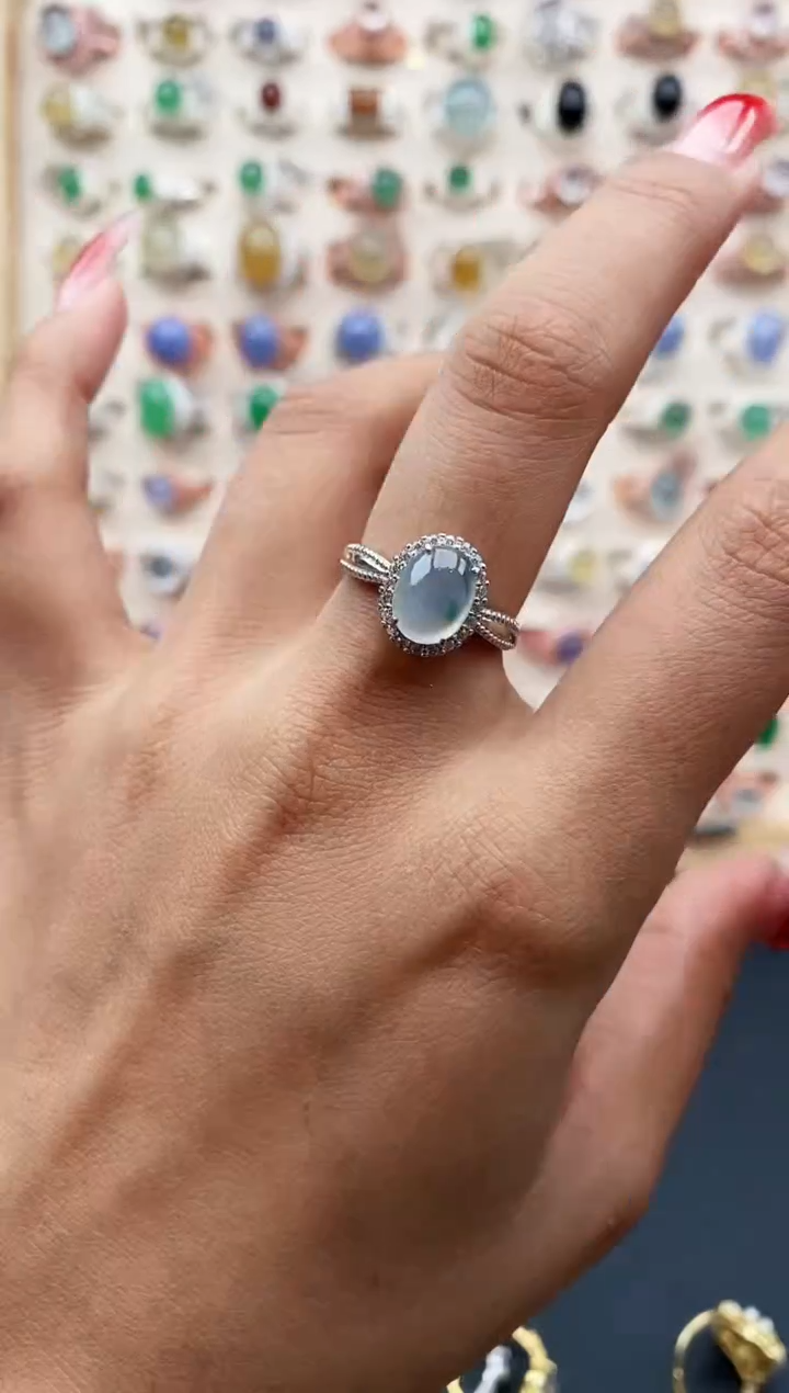 【闪购商品】翡翠戒指银S925镶嵌缅甸天然A货翡翠111 1+9