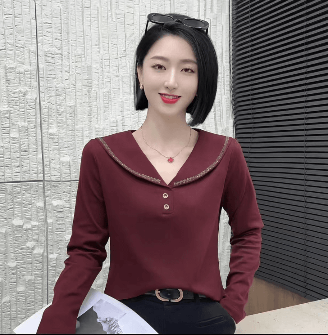 秋季新款时尚妈妈修身烫钻娃娃领长袖打底减龄显瘦百搭上衣