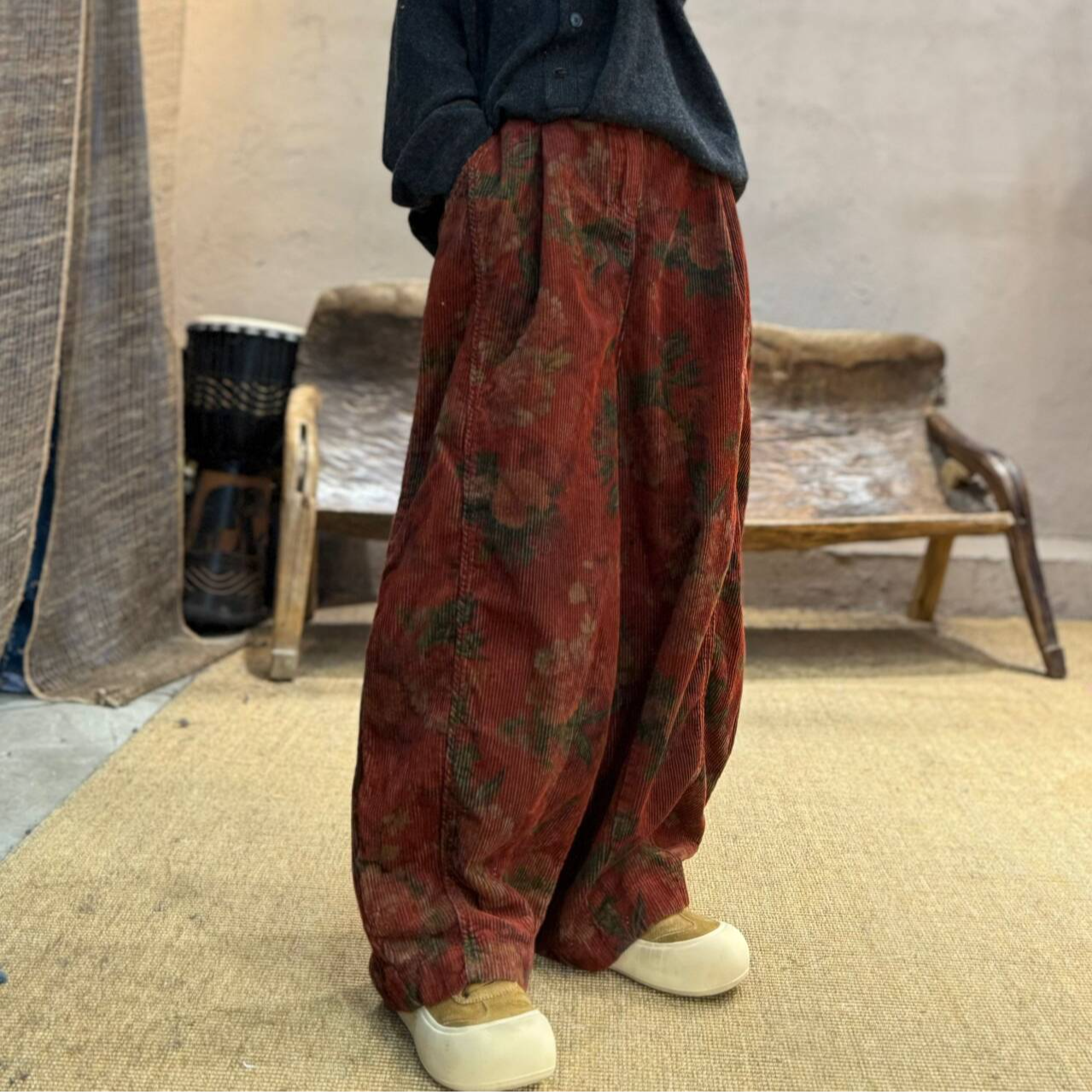 特231016忆古朴拙秋冬纯棉坑条印花休闲裤复古百搭宽松直筒长裤女