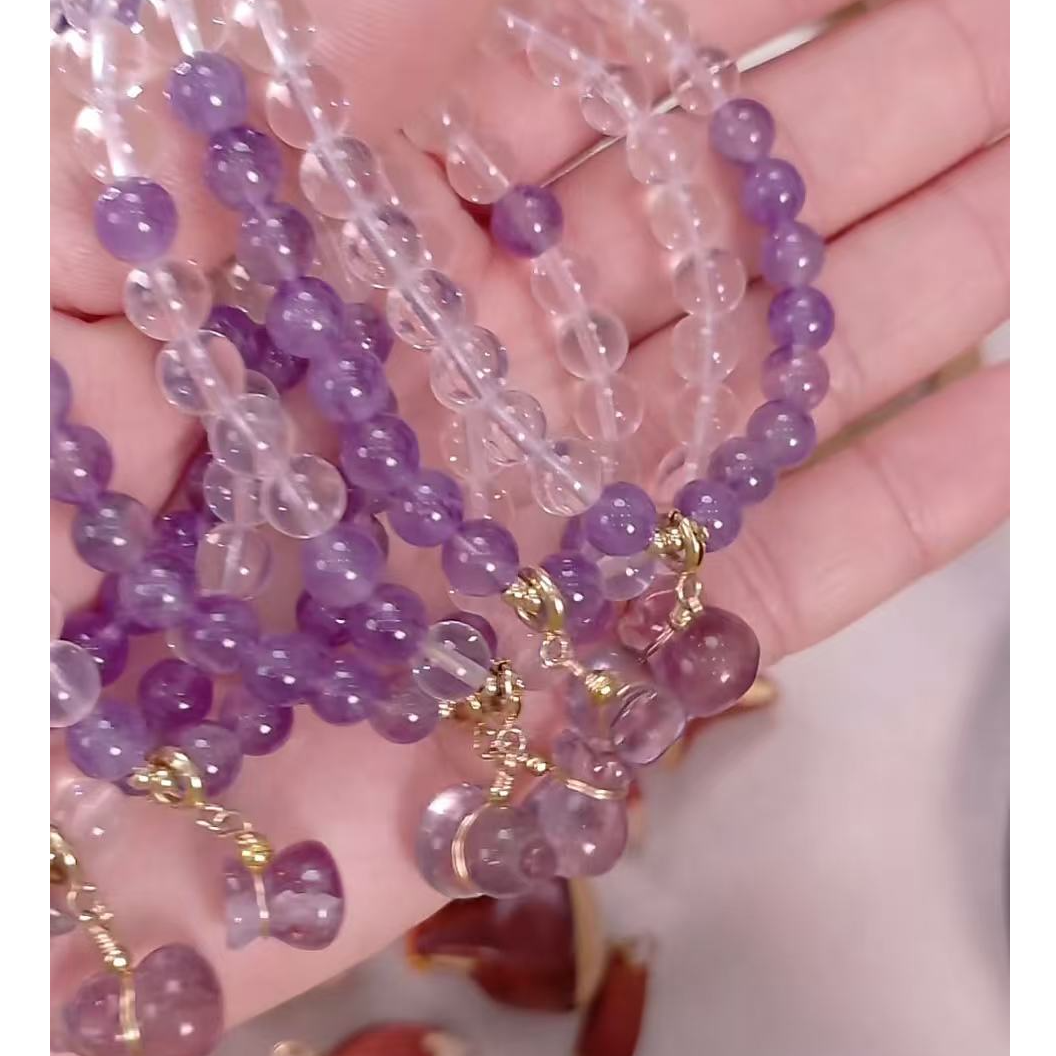 天然白水晶切面加紫水晶手链钱袋子