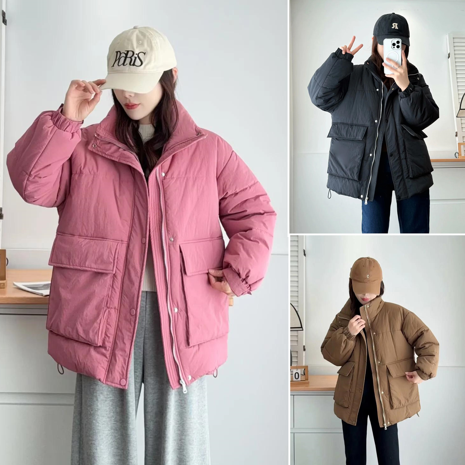 新款加肥加大码女装胖妹妹冬装中年纯色棉服大口袋女棉衣立领棉袄