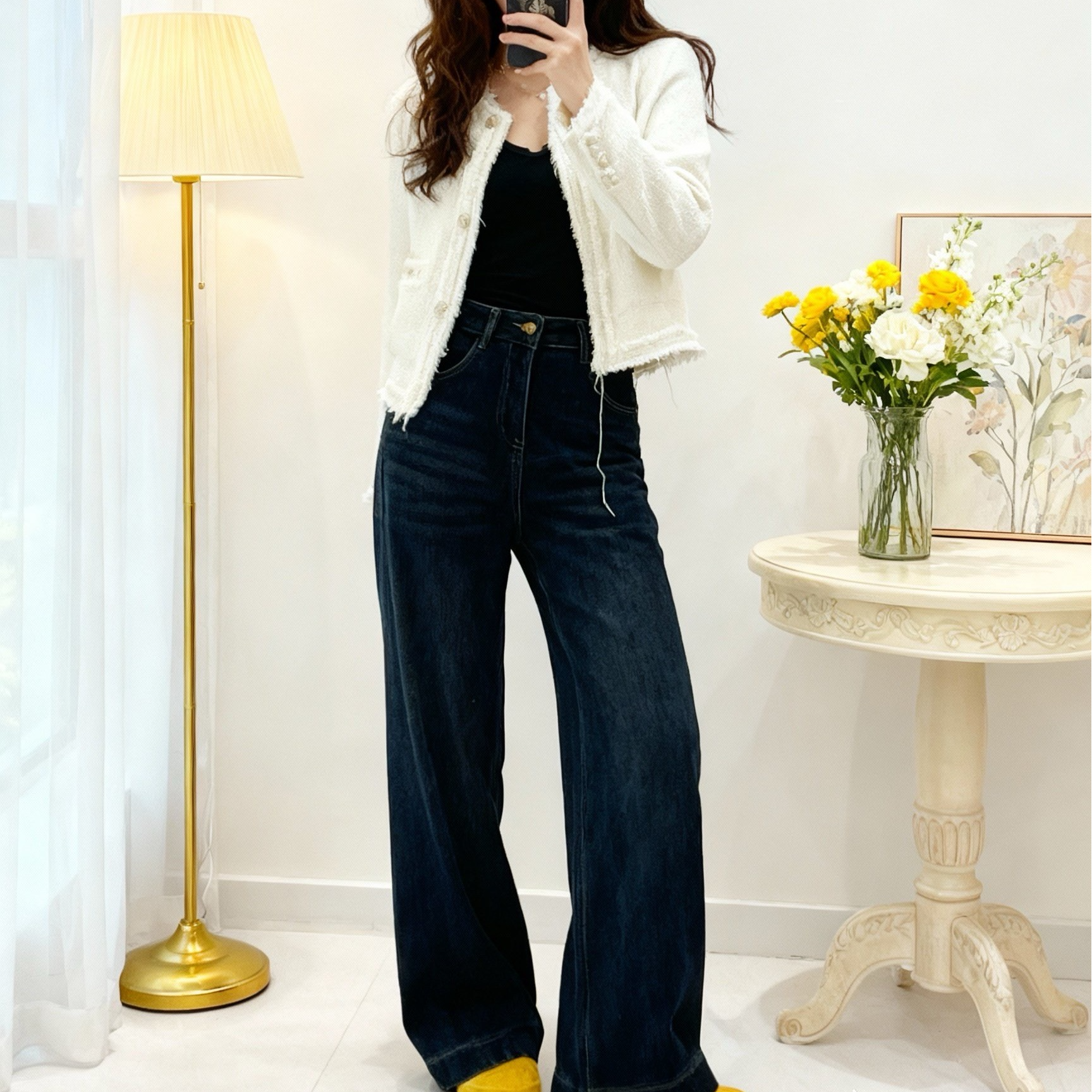 【mk1348】韩版做旧加绒直筒牛仔裤冬季新款高腰宽松垂感气质显瘦