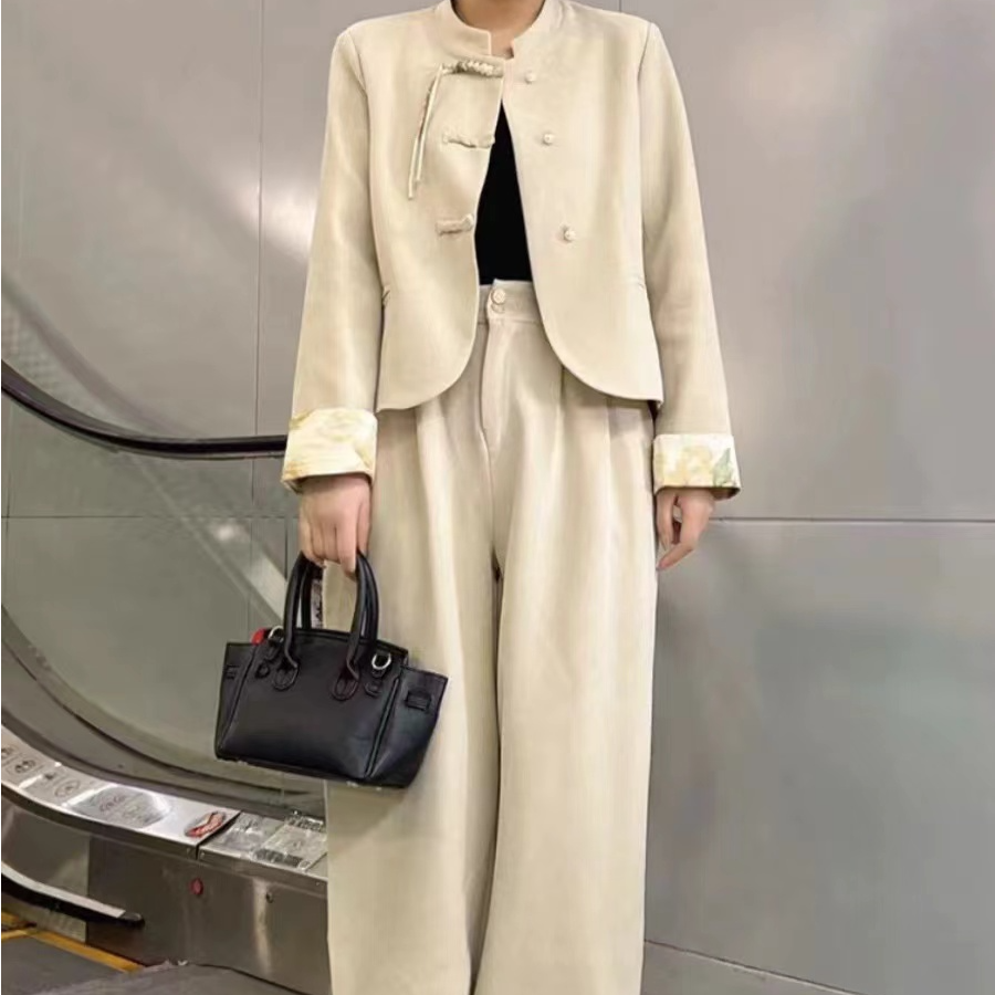 Q398新中式国风女盘扣拼接袖口时尚女气质百搭洋气两件套