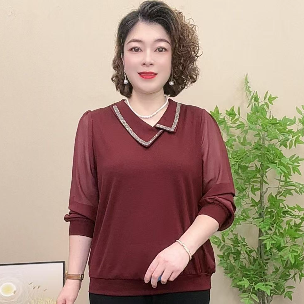 长袖妈妈装秋季中老年女装时尚百搭纯色宽松斜领洋气气质潮牌弹力