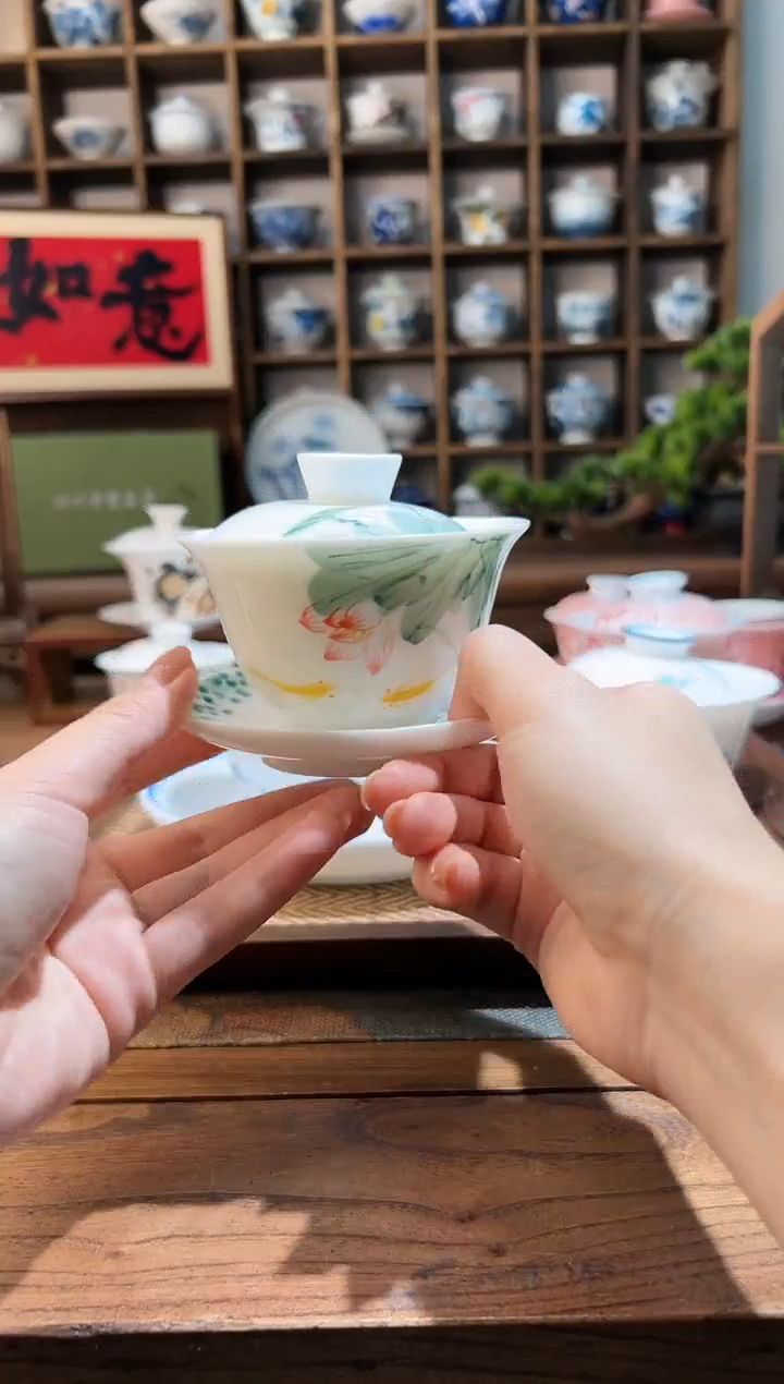 【闪购商品】五彩荷花锦鲤三才盖碗