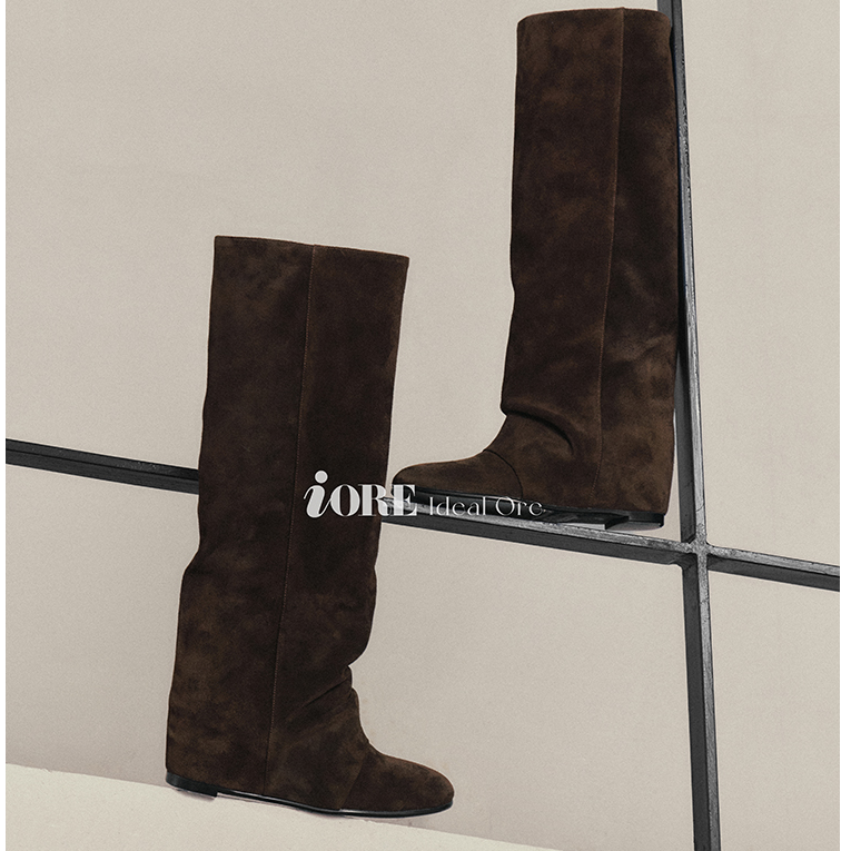 IORE理想矿石设计原创 轮廓结构感褶皱圆头坡跟及膝裤腿靴长靴