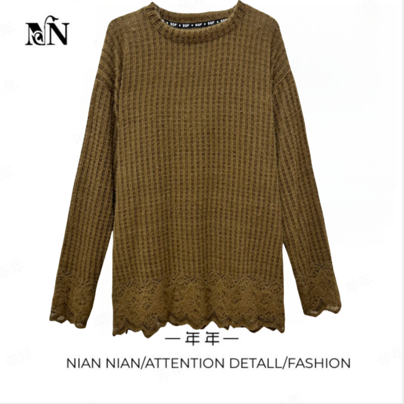 〖浪漫书签〗年年2025春季新款法式慵懒感毛绒圆领长袖拼接蕾丝衫