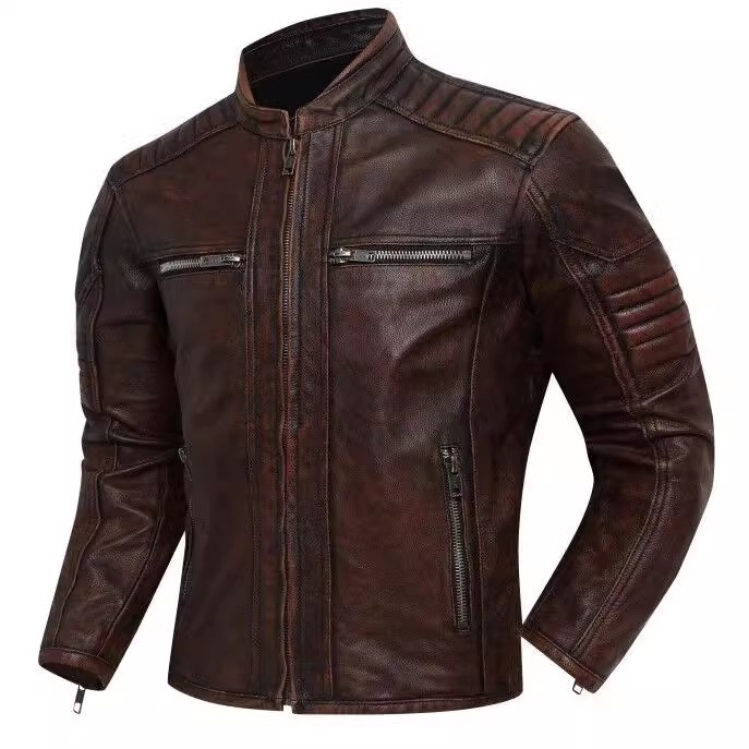 复古石磨做旧纯头层牛皮皮衣男士摩托车机车皮夹克骑行服大码外套