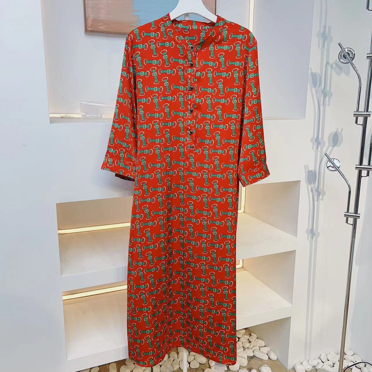 【中袖清版】2023夏季时尚收腰印花中长裙系带宽松显瘦连衣裙706A