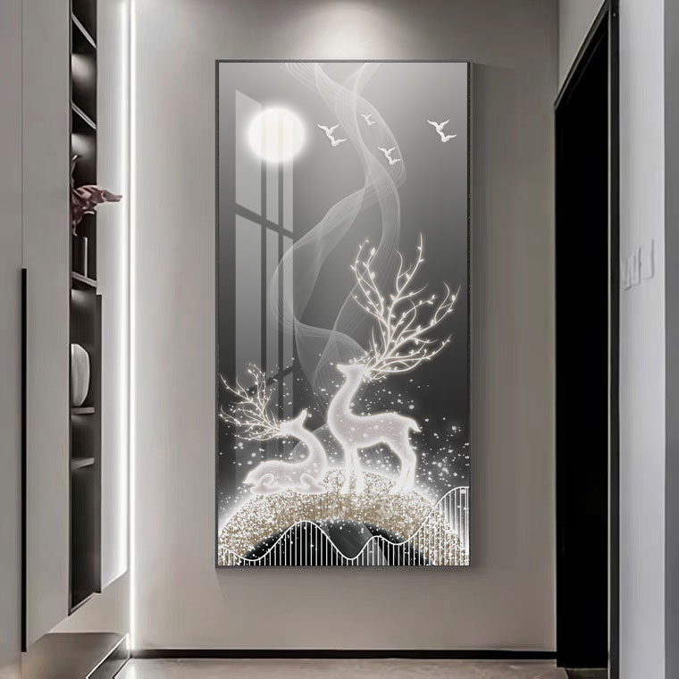 新款-带灯玄关画《星空麋鹿》轻奢简约镶钻晶瓷画手工设计时尚