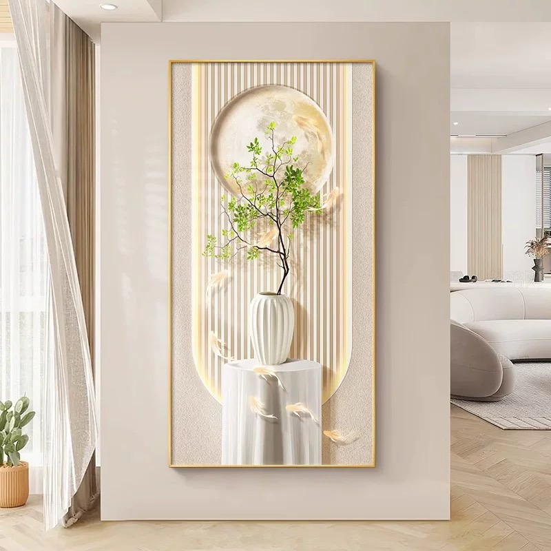 新款-轻奢奶油风九鱼图走廊过道松弛感绿植寓意好入户玄关装饰画