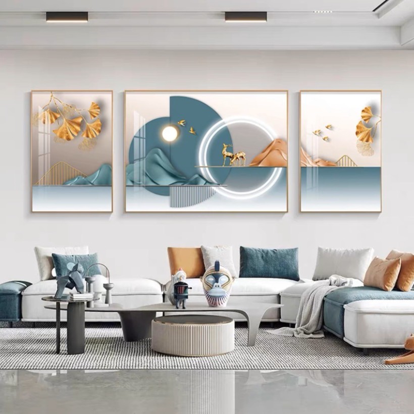  沙发背景三联画《福禄呈祥》中式风格镶钻晶瓷画铝合金画框装饰画