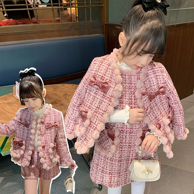 女童小香风套装冬装2023新款外套公主蝴蝶结女孩冬季儿童上衣洋气