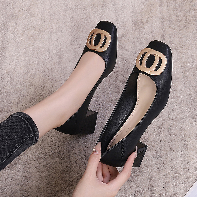 高跟单鞋女2024新款秋季职业通勤法式粗跟中跟方头OL浅口工作女鞋