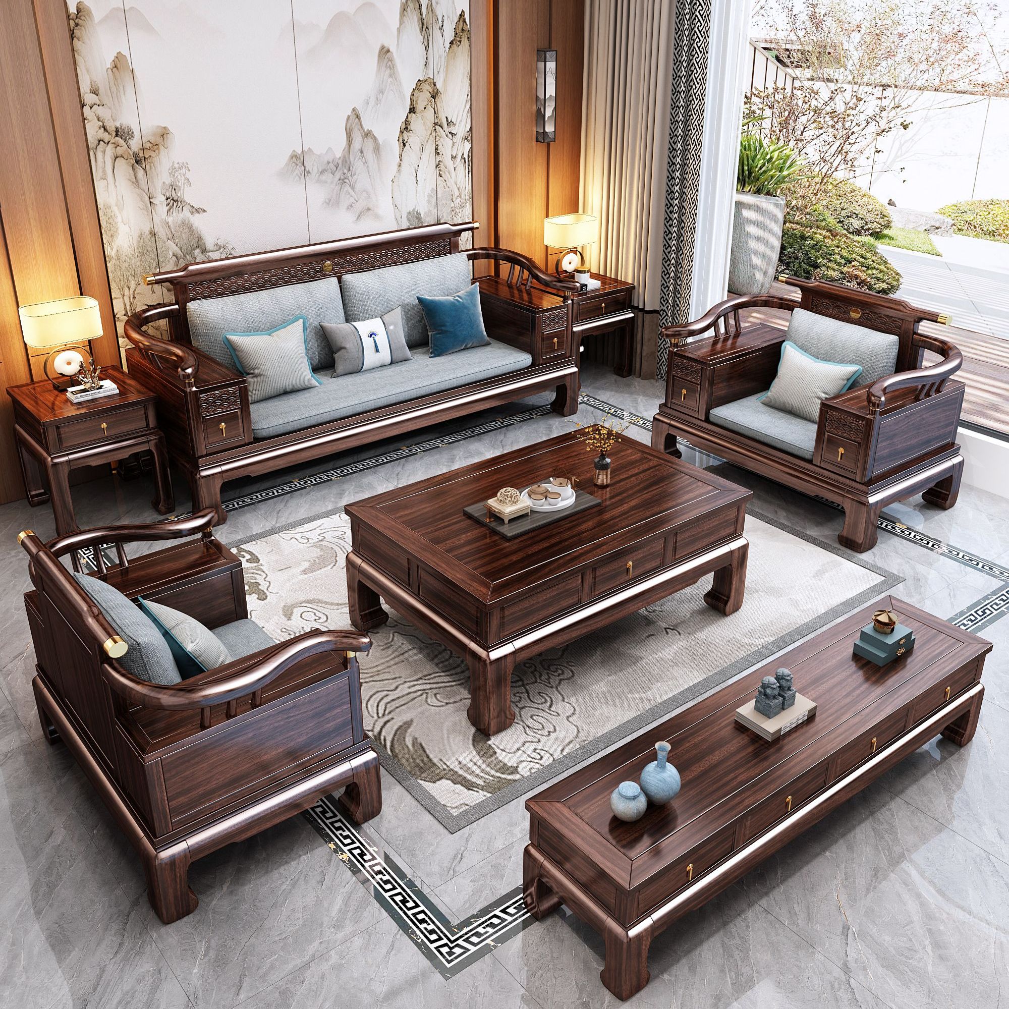 【乌金木】新中式沙发客厅柜大小户型冬夏两用现代古典家具家用组合