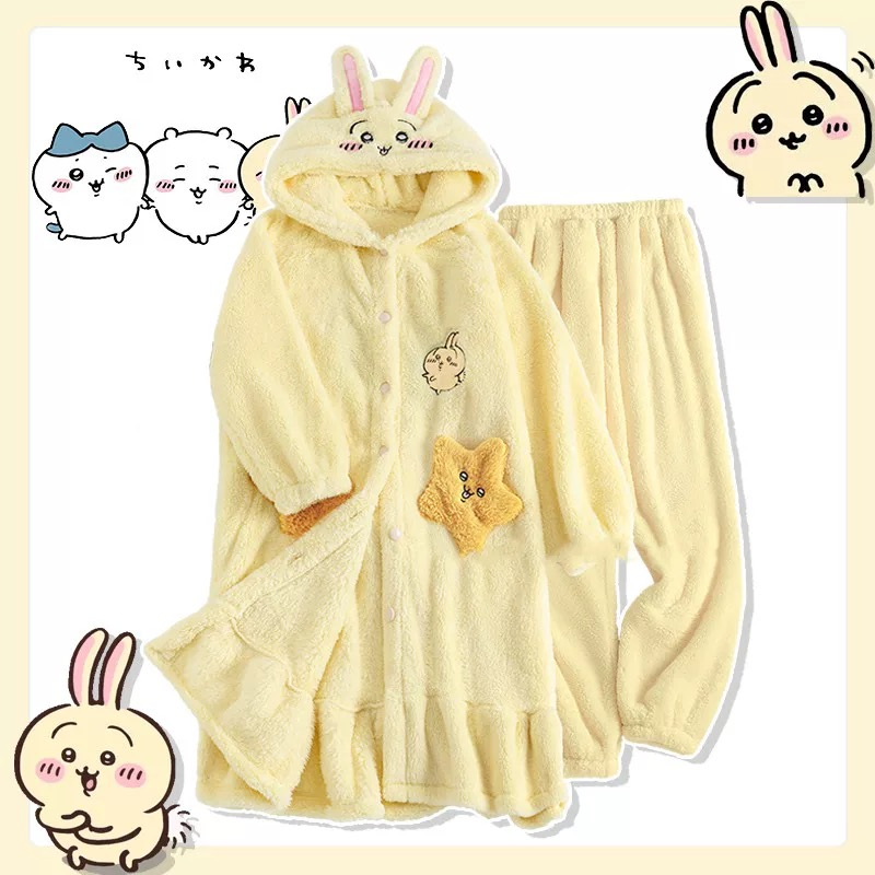chiikawa乌萨奇睡衣女款冬季珊瑚绒可爱冬天家居服加厚兔子绒睡袍
