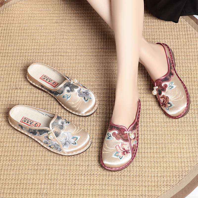2024春夏新款老北京布鞋女包头拖鞋防滑软底汉服复古民族风绣花鞋