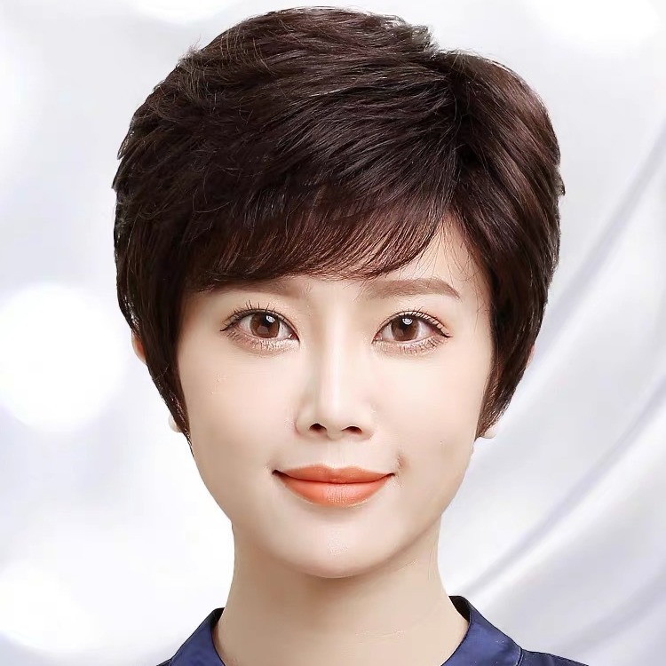 偏分假发女短发真发全真人发丝妈妈真头发套女士中老年短透气
