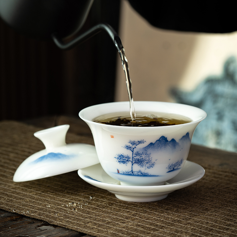 冰种羊脂玉三才盖碗高端茶器高档茶具陶瓷茶盖碗白瓷手绘盖碗茶碗