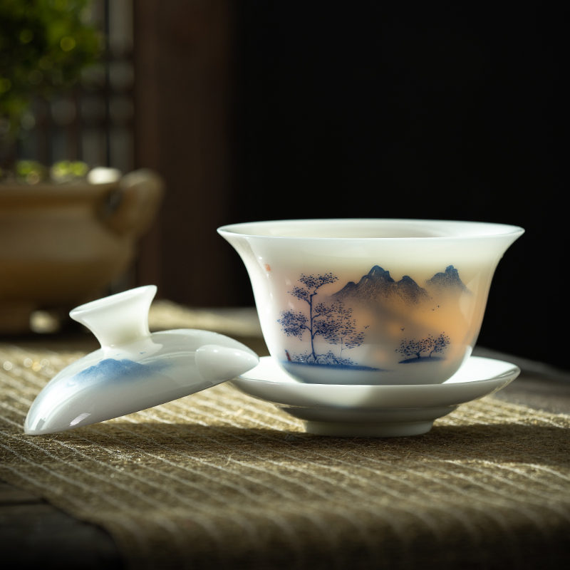 冰种羊脂玉三才盖碗高端茶器高档茶具陶瓷茶盖碗白瓷手绘盖碗茶碗