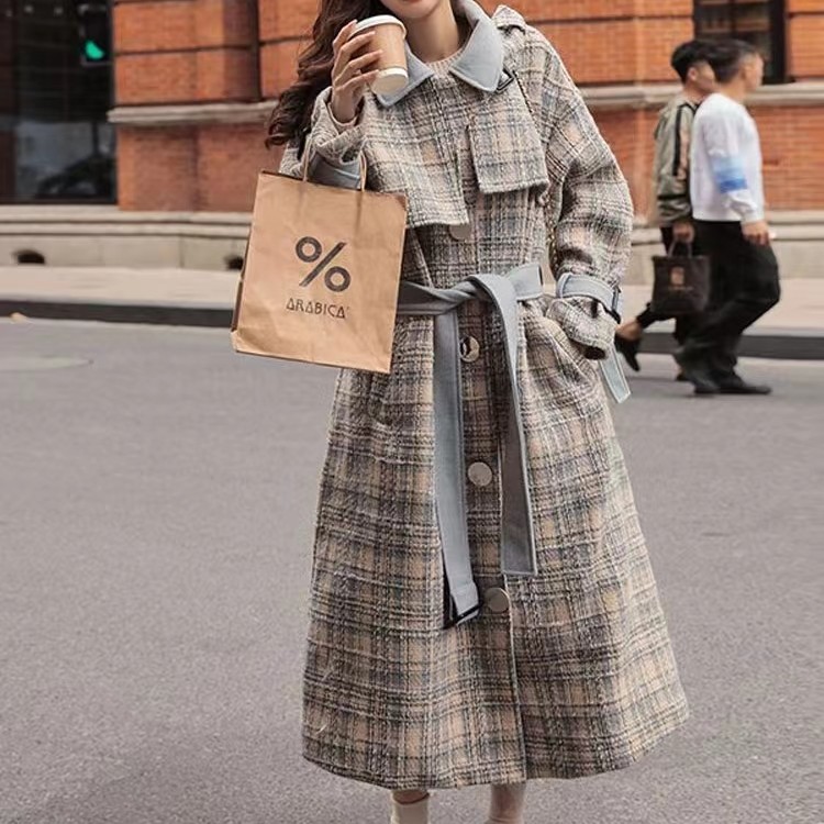 编码041-045气质时尚中长款千鸟格风衣【乐物汇】