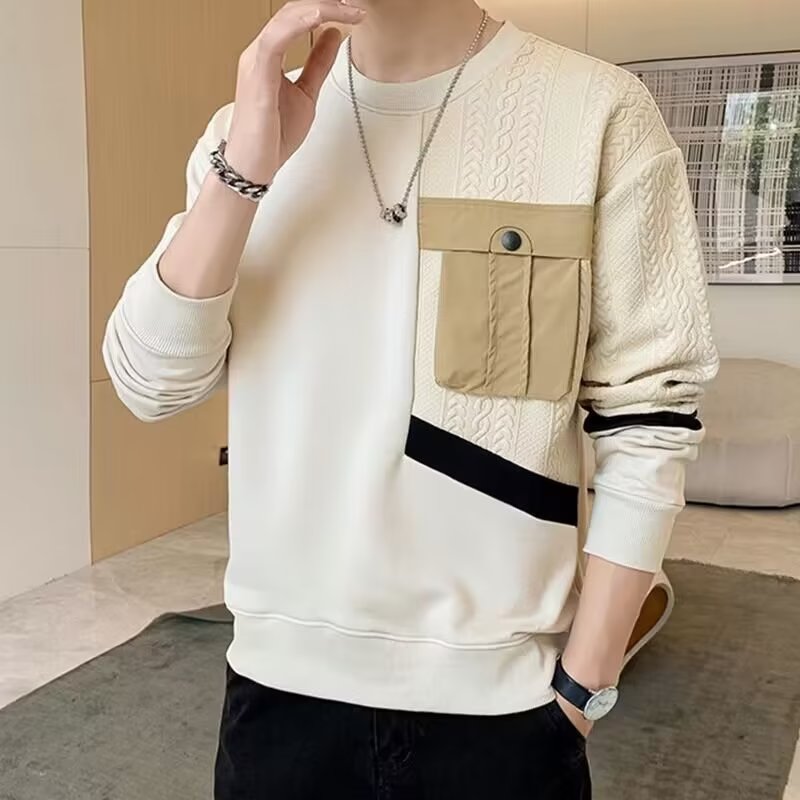 2023秋季新款休闲潮牌纯色宽松圆领拼接长袖卫衣男秋季男上衣百搭