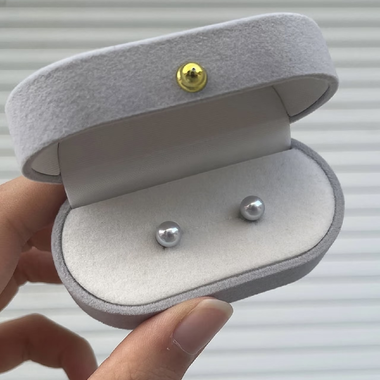 海水真多麻耳钉6-7mm微瑕正圆天然无染色灰蓝色akoya珍珠素耳钉