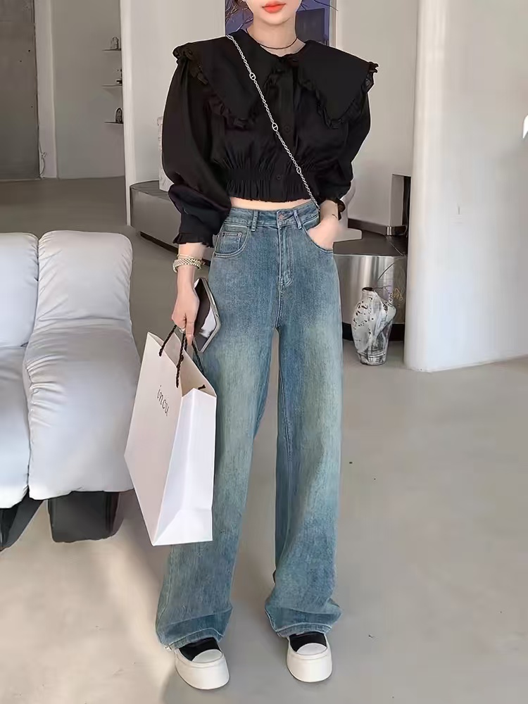 复古直筒牛仔裤女高腰秋冬加绒大码胖mm宽松显瘦梨形身材阔腿裤子