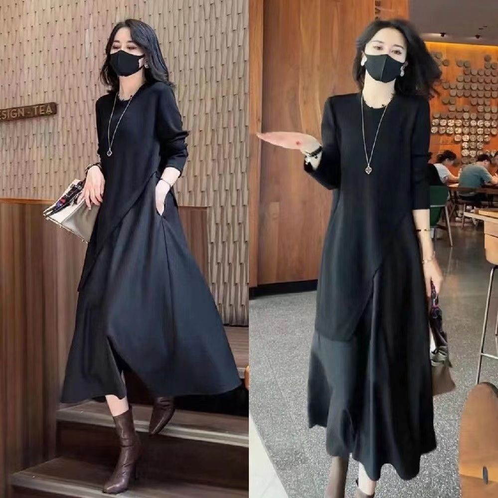 纯黑色法式显瘦长袖拼接假两件连衣裙女秋季新款圆领不规则设