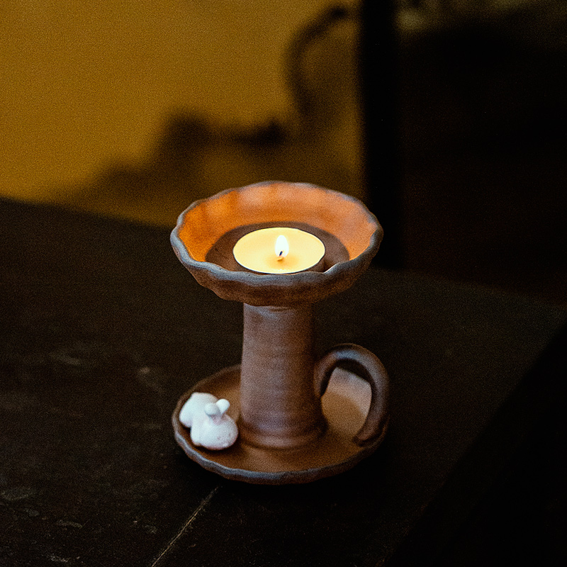 百垚中式复古粗陶烛台香薰家用创意高脚蜡烛陶瓷功夫茶具茶道摆件