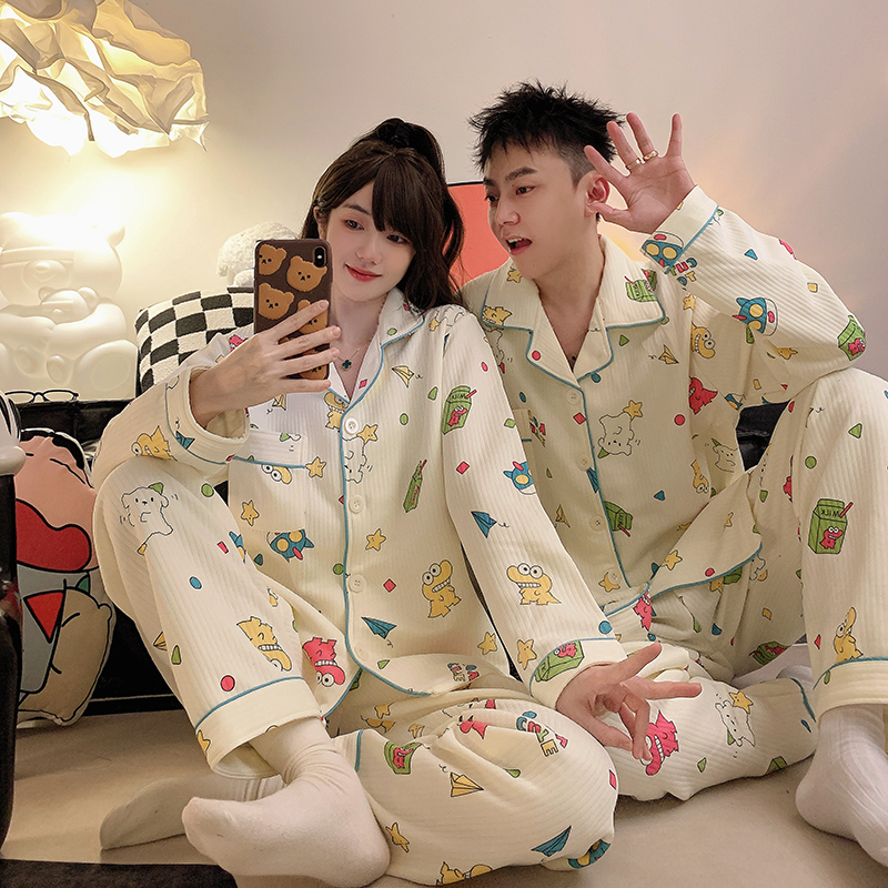 蜡笔小新情侣睡衣秋冬卡通长袖加厚空气夹棉男女士保暖家居服套装