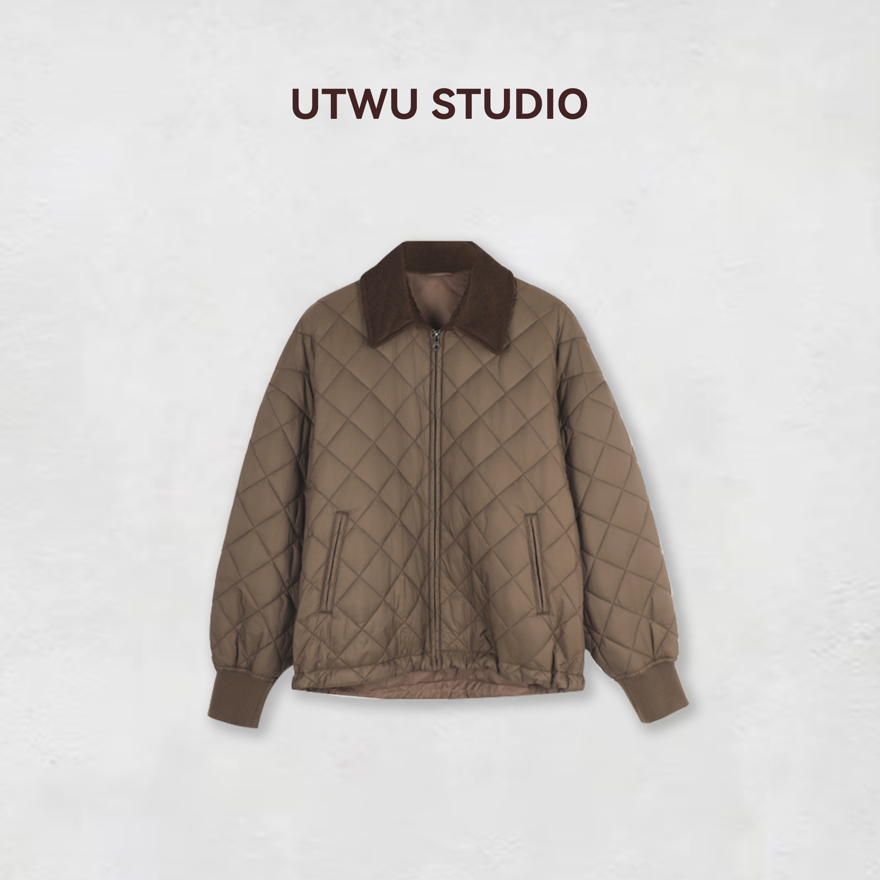 UTWU小敏「南港的冬」灯芯绒拼接时髦摩卡棕菱格空气棉服Q24W1023