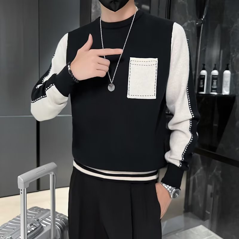 Ls森系矮小个子男士小码S号毛衣男秋冬拼接针织衫韩版潮修身XS打