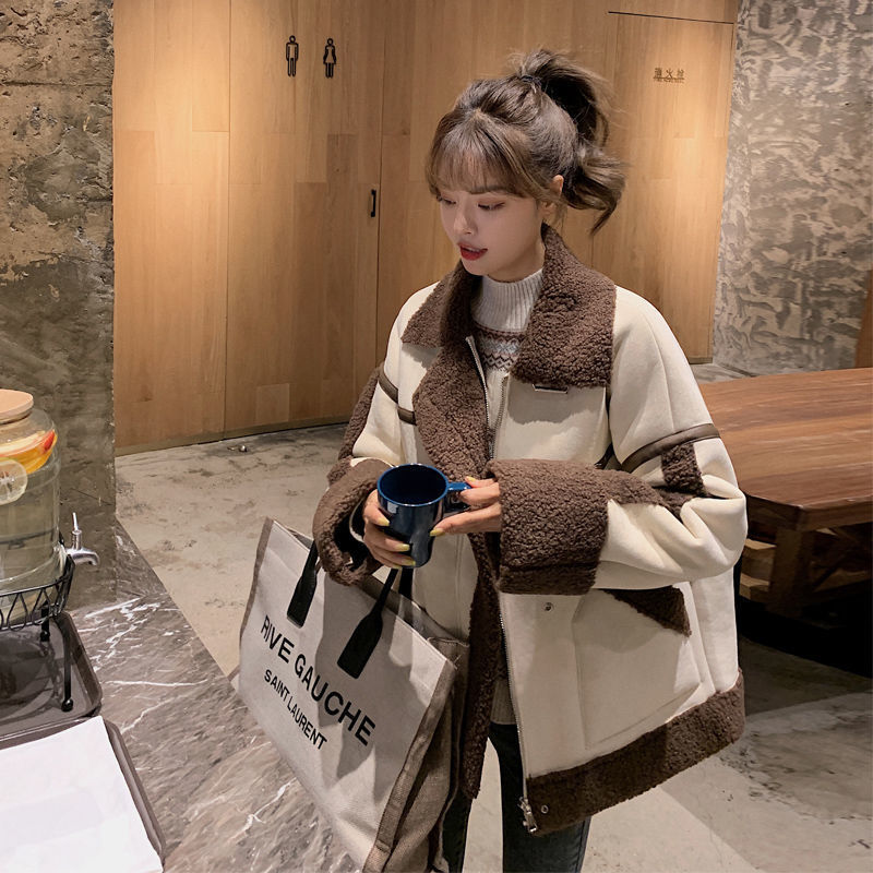皮毛一体加厚加厚毛外套女秋冬2023年新款韩版宽松学生复古机车服