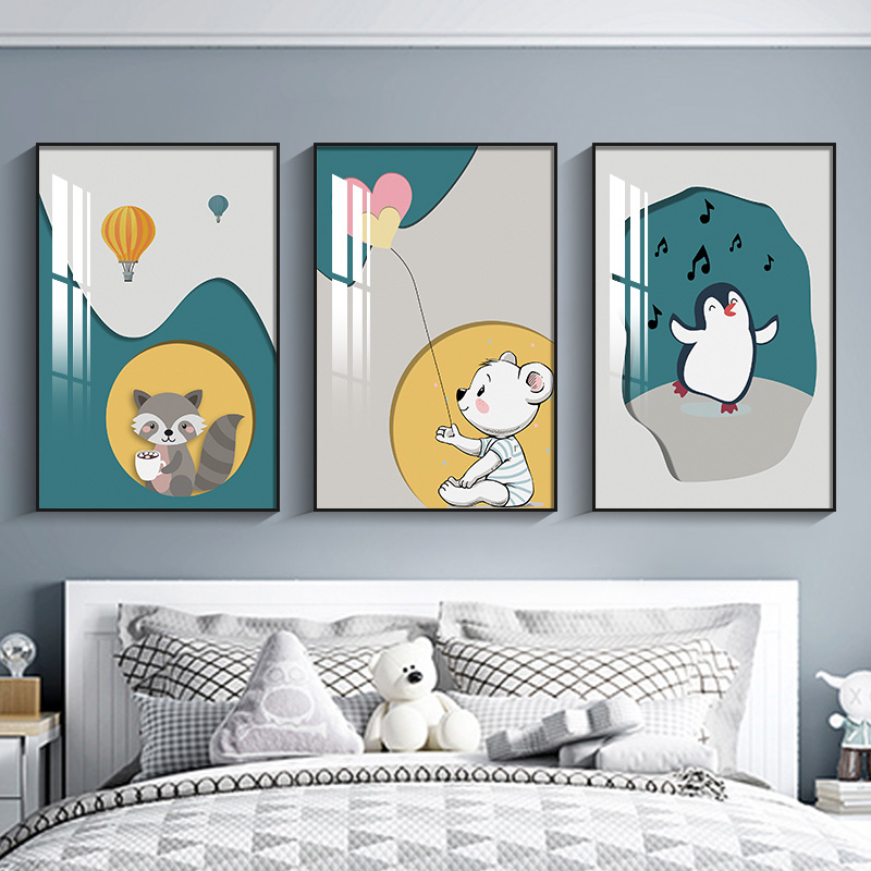 北欧儿童房装饰画卧室床头挂画现代简约卡通动物男孩女孩房间壁画