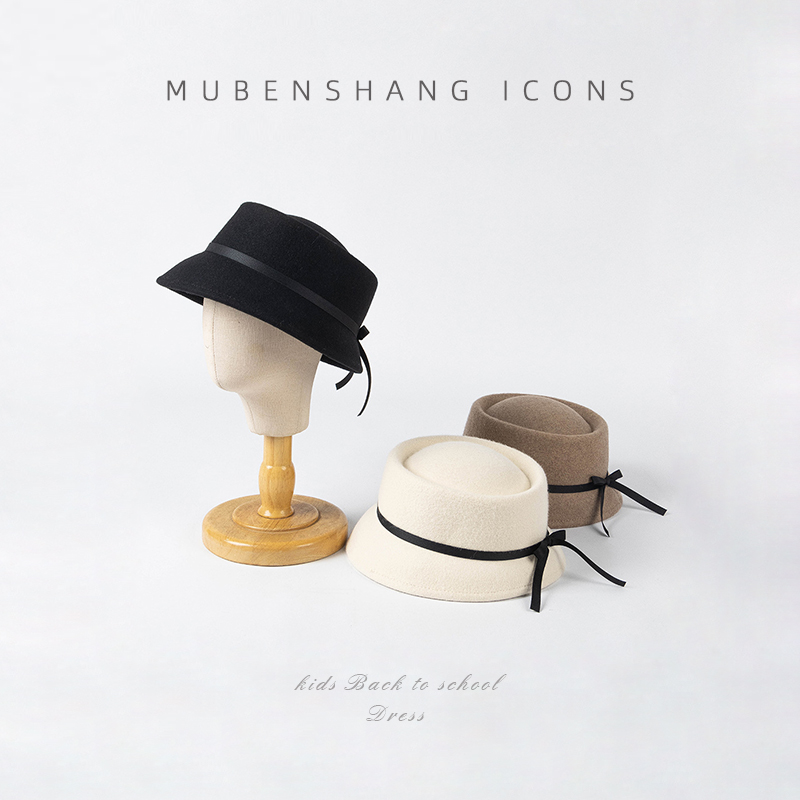 女童羊毛呢礼帽英伦秋冬新款时尚休闲系带蝴蝶结圆环顶盆帽百搭