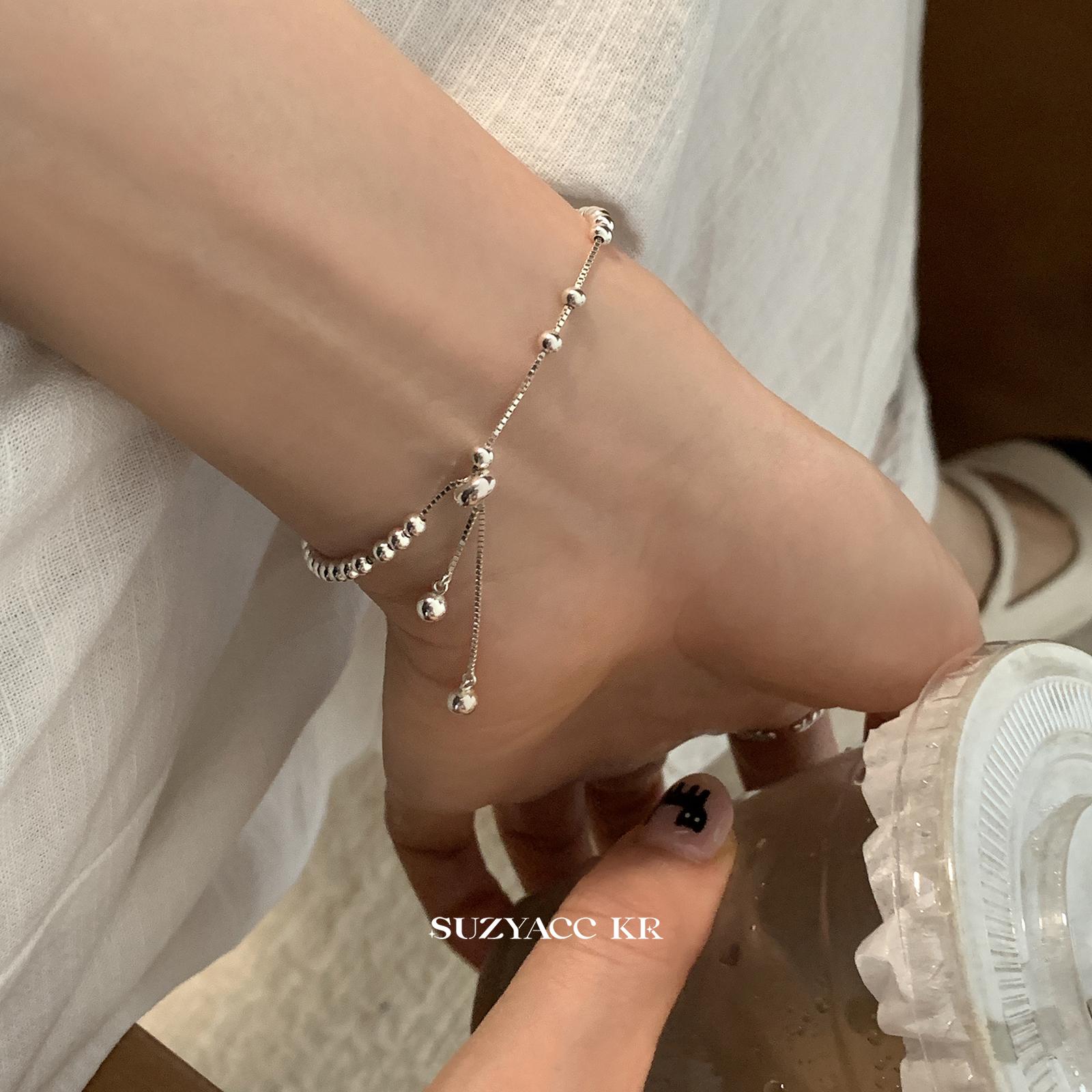 Suzyacc Kr 925银手链 圆珠抽拉式925银手链手串气质百搭C2185