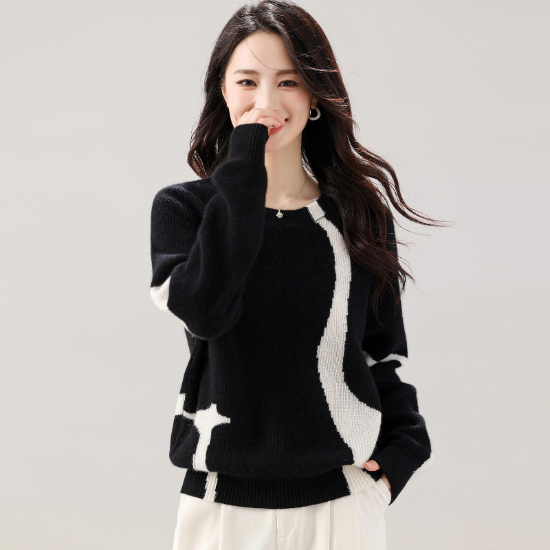 100%纯山羊绒圆领套头长袖拼色打底衫女秋冬新款百搭打底羊绒衫